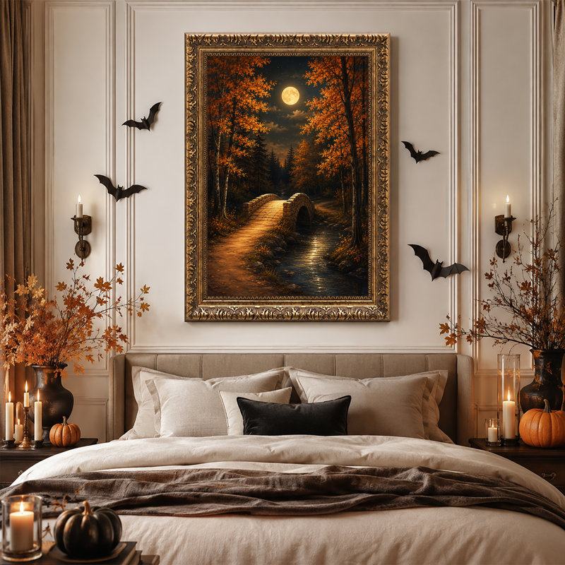 «Stone Bridge Over Stream Moonlit Autumn Forest», art mural sur toile, H 24 po x l 16 po