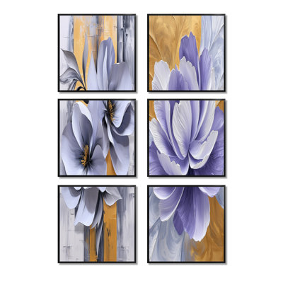 Lavande et équilibre doré des pivoines en fleur - ensemble abstrait d'art mural de 6