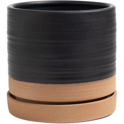 Jardinière en céramique 6 "avec drainage et soucoupe noir mat et brun