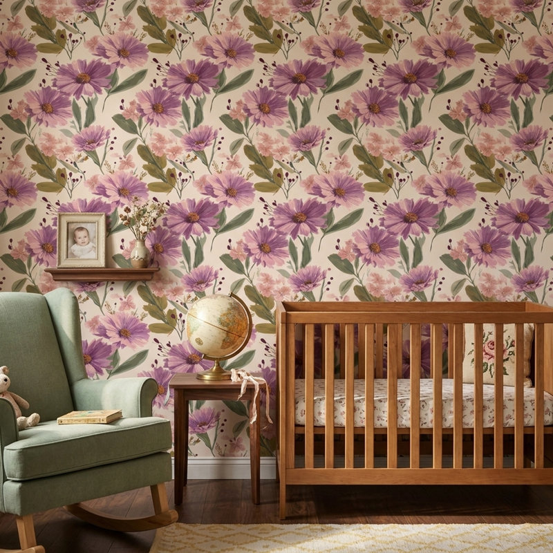 Papier peint floral lavande, fresque murale botanique., Non-Woven Non-Pasted