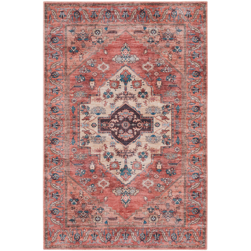 Oriental Machine Woven Machine Washable Polyester Area Rug in Red/Black, Rectangle 5'3" x 7'3"