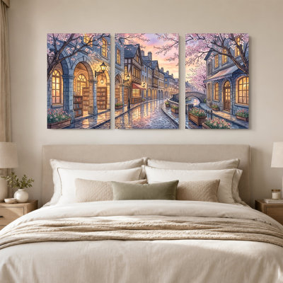 Art mural sur toile, "Cherry Blossom Street with Stone Buildings and Canal"