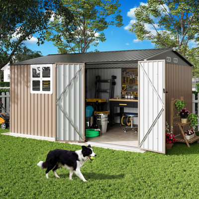 12x10 ft Metal Shed with Clear Window, Outdoor Storage Shed with Lockable Double Doors & Vent for Backyard, Poolside, Patio