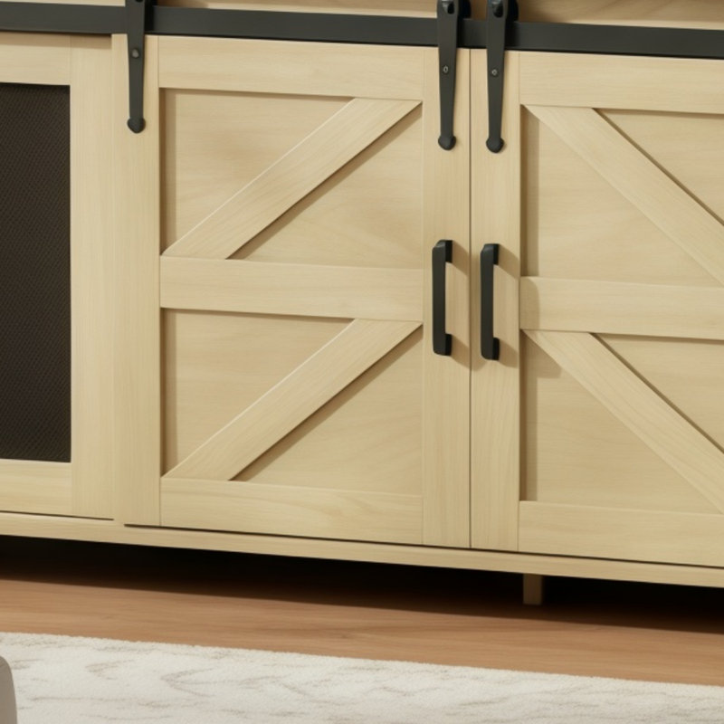 U-Shaped Sideboard With Sliding Barn Door And Mesh Panel, Featuring Farmhouse-Style Open Storage, Suitable For Multiple Scenarios.