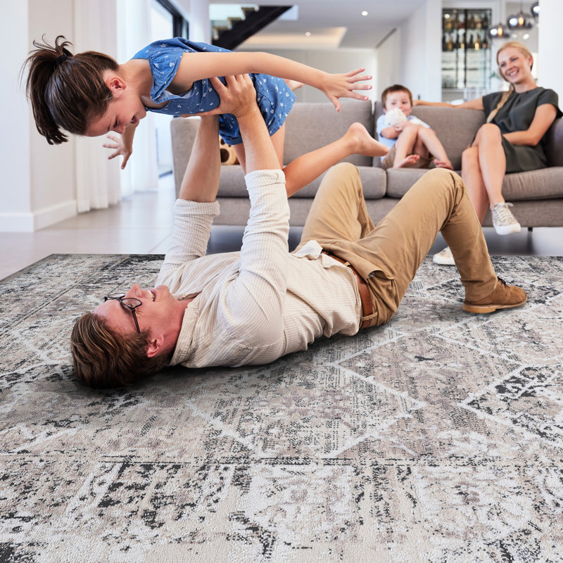 Tapis crème / anthracite 6 x 9, antitache, teint, Rectangle 6 pi 8 po x 7 pi 8 po