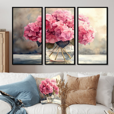 Hortensias dans un vase en verre II - art mural hydrangées - 3 panneaux