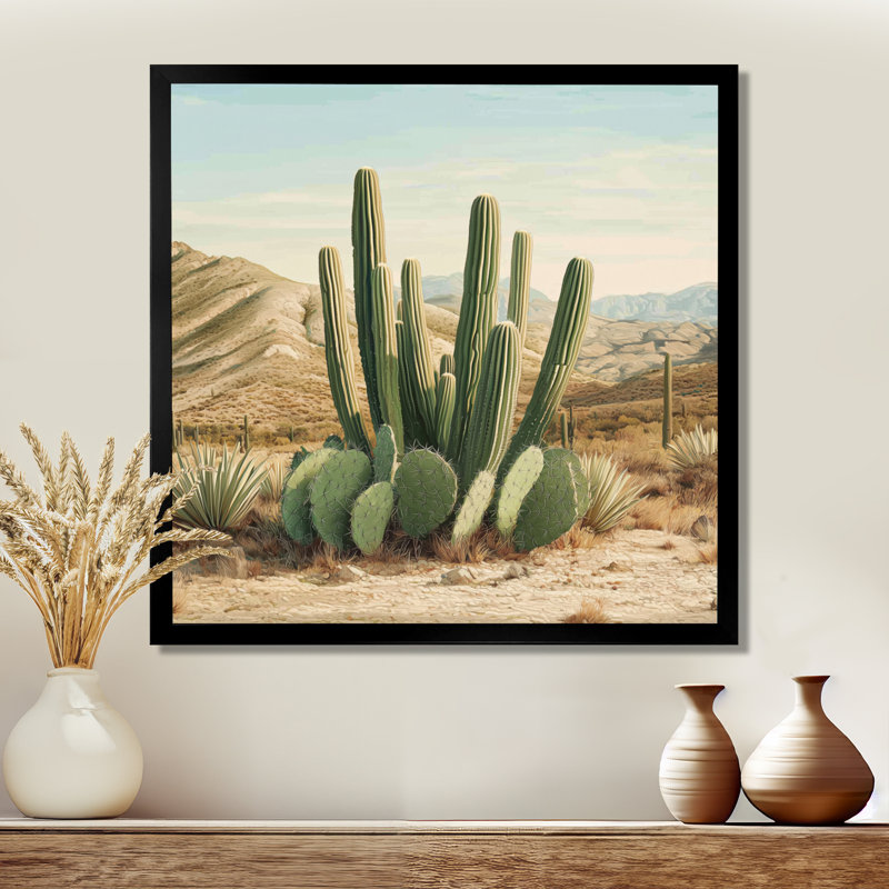 Cactus et les montagnes du désert III - art mural de cactus pour le salon, H 16 po x l 16 po, Noir