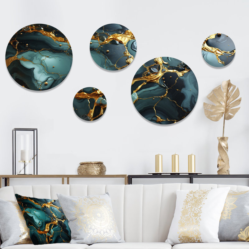Agate topaze verte et dorée granite II - ensemble abstrait d'art mural rond de 5