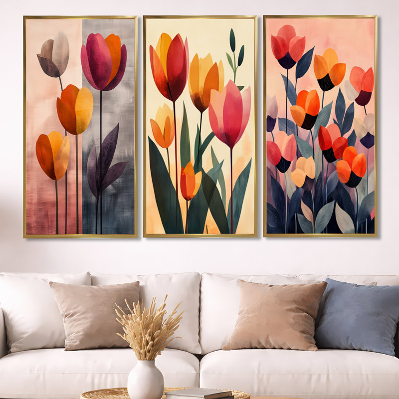 «Retro Tulip Lounge Print», ensemble de 3 impressions sur toile encadrées, 32" H x 48" W, Gold Floater Framed