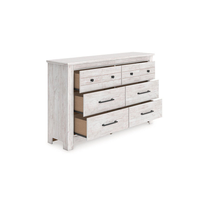 Maki 6 Drawer Wide Dresser, Bronze Hardware, Whitewash Cottage Finish