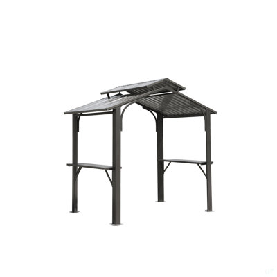 Abri de jardin à toit rigide 8 pi x 5 pi, abri de jardin extérieur avec double toit en acier galvanisé, abri de jardin permanent à abat-jour avec 2 tablettes latérales et crochet de plafond pour terrasse de jardin (gris)