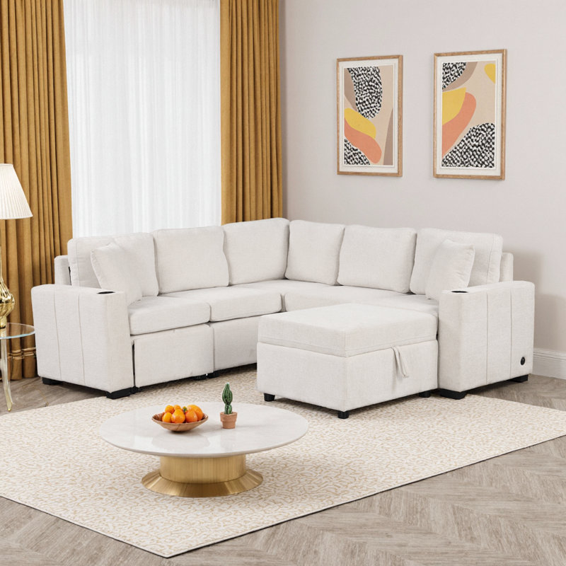 Canapé-lit modulaire convertible avec repose-pieds avec rangement et ports USB - Revêtement beige en chenille, Beige