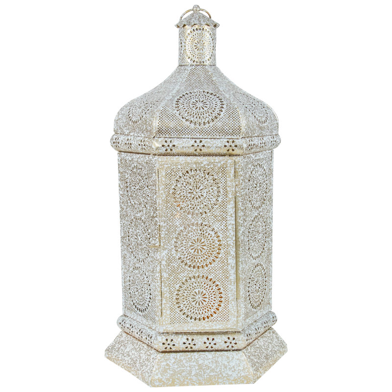 21.5" Moroccan Style Pillar Candle Table Lantern, Distressed White/Gold