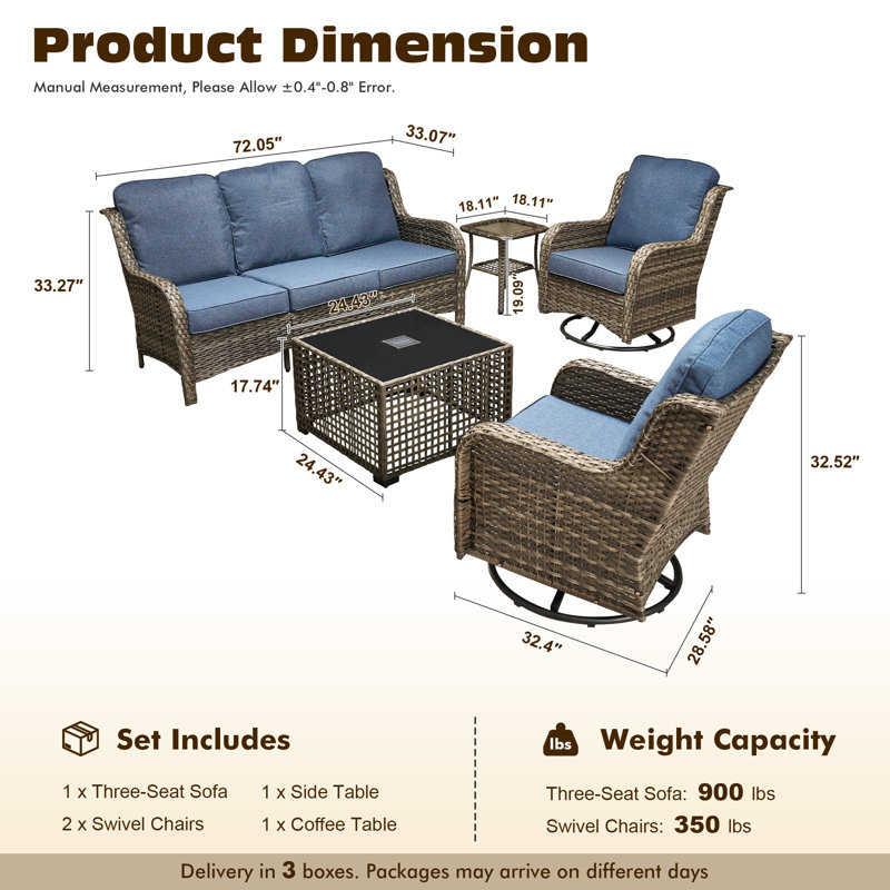 Ensemble de meubles de patio en osier 6 pièces toutes saisons Cracraft, 6 pièces: 3 tables, 2 chaises, canapé, Bleu denim
