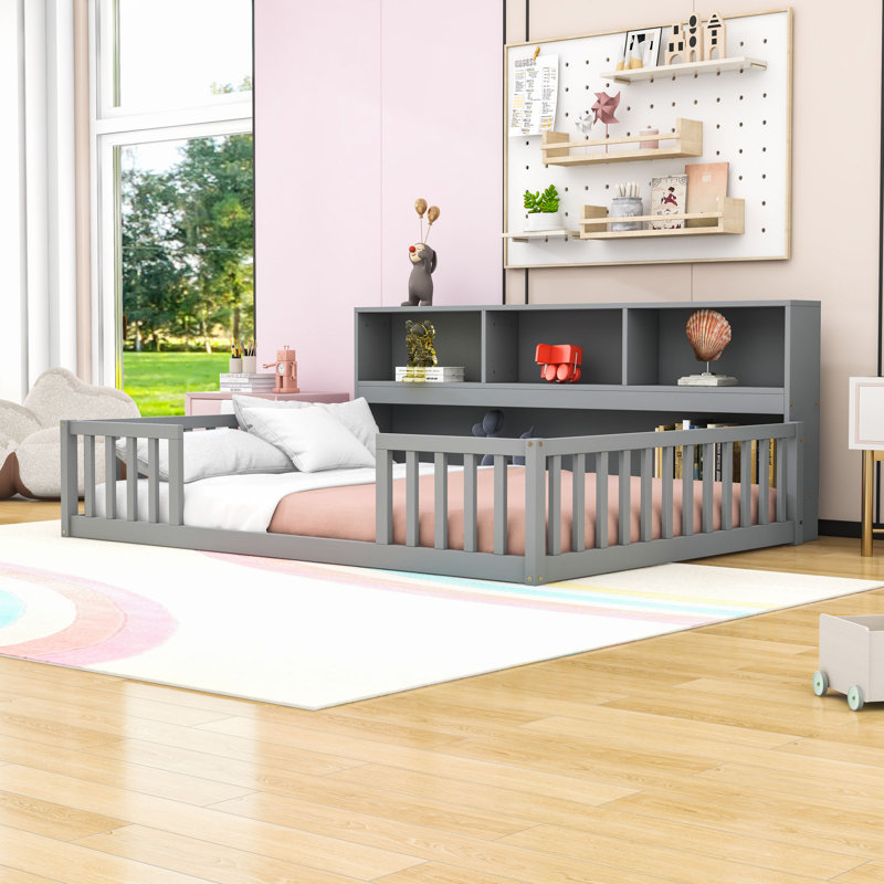Lit en bois avec tablettes et garde-corps, gris, Complète