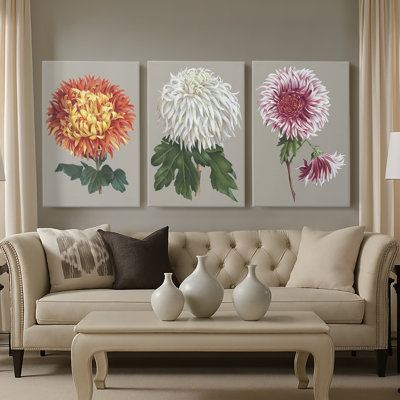 Chrysanthème sur fond gris I - Toile tendue sur mesure avec châssis - 3 pièces