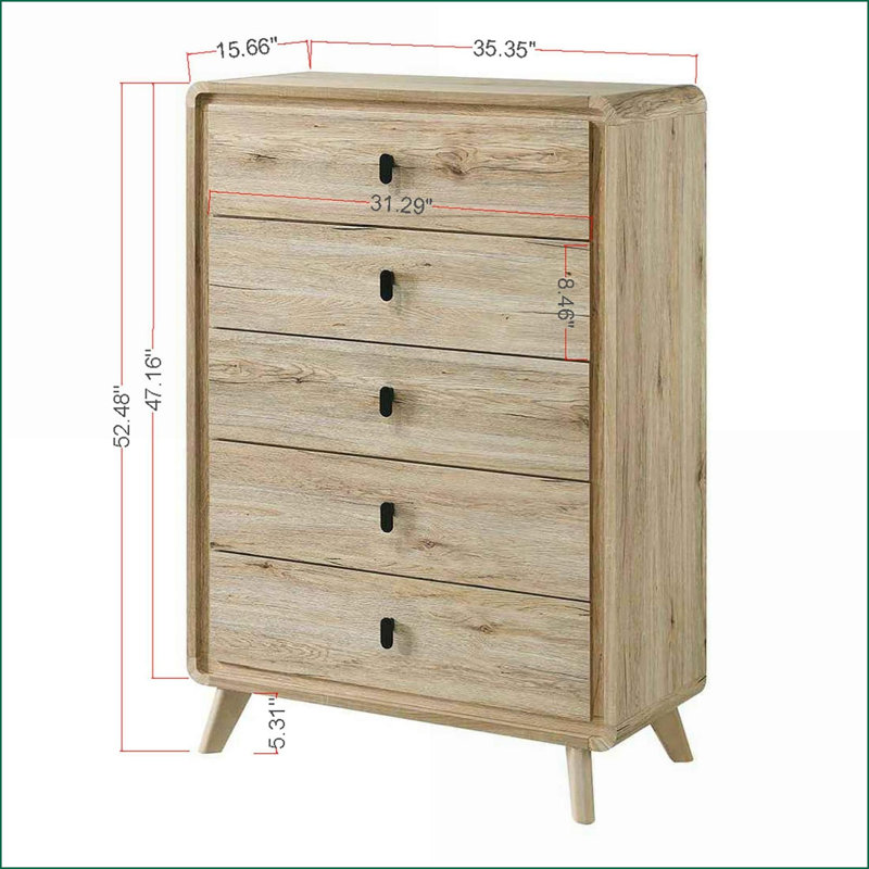 Commodes | Commode de rangement Mid-Century à 5 tiroirs, finition chaleureuse d'inspiration bois | Beige | Bois