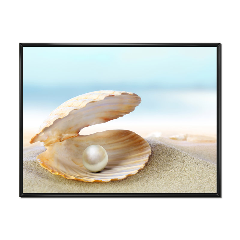 Coquillage avec une perle - Photographie sur toile, H 12 po x l 20 po x P 1 po, Cadre flottant noir