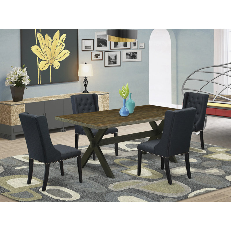 5 Piece Dining Room Table Set Includes a Rectangle Kitchen Table with X-Legs and 4 Black Linen Fabric Parsons Dining Chairs, Wire brushed Black