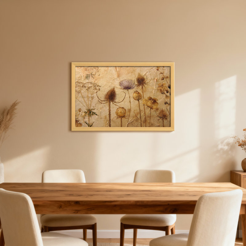 Plantes et fleurs pressées sur fond texturé, H 24 po x l 36 po, Toile tendue, Ne s’applique pas