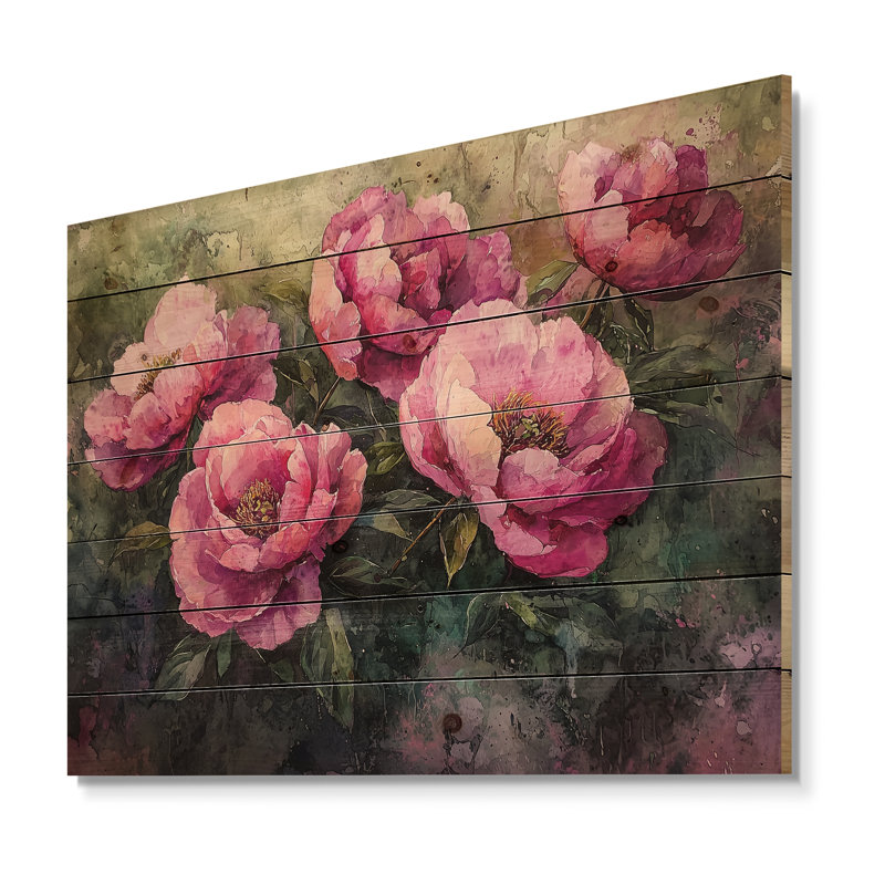 Été rose aquarelle pivoines Bloom III - décoration murale en bois pivoines - sur bois de pin naturel