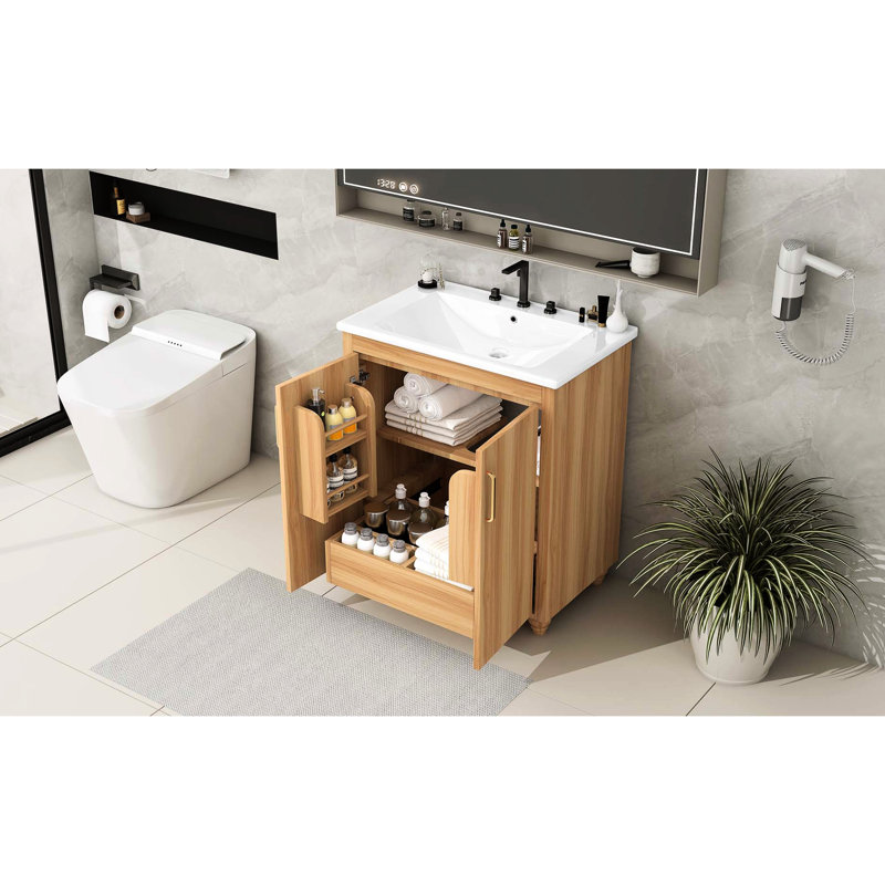 30" Bathroom Vanity Sink - Modern Freestanding & Solid Wood Cabinet , Natural Elegance. . Ceramic With Overflow Hole. Adjustable Shelf. Functional Storage Unit Drawer