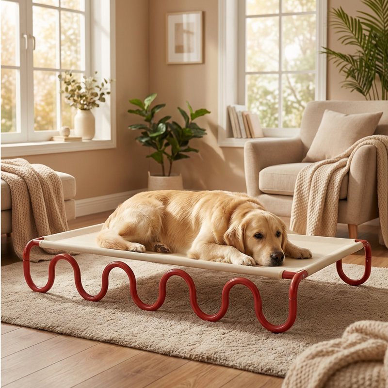 Wavy Army Elevated Dog Bed, Medium, Purple/Yellow, White/Red/Yellow