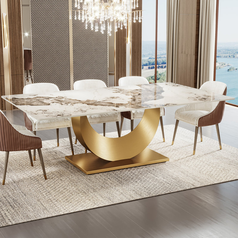78.7" White Sintered Stone Dining Table with Gold Stainless Steel Base