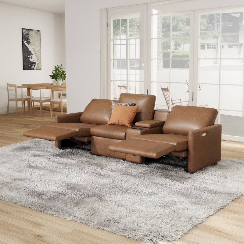 Latitude Run® Power Recliner, Leather 3 Seater Recliner Couch with Cup Holder& Charging Socket