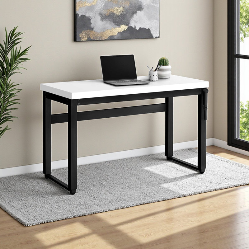 Alani White Height Adjustable Computer Desk with Black Metal Leg, 29.3" H X 47.08" W X 23.6" D