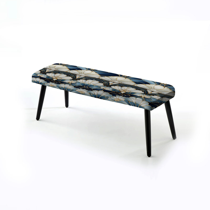 Art déco bleu et blanc des années 1970 - banc rembourré damassé noir