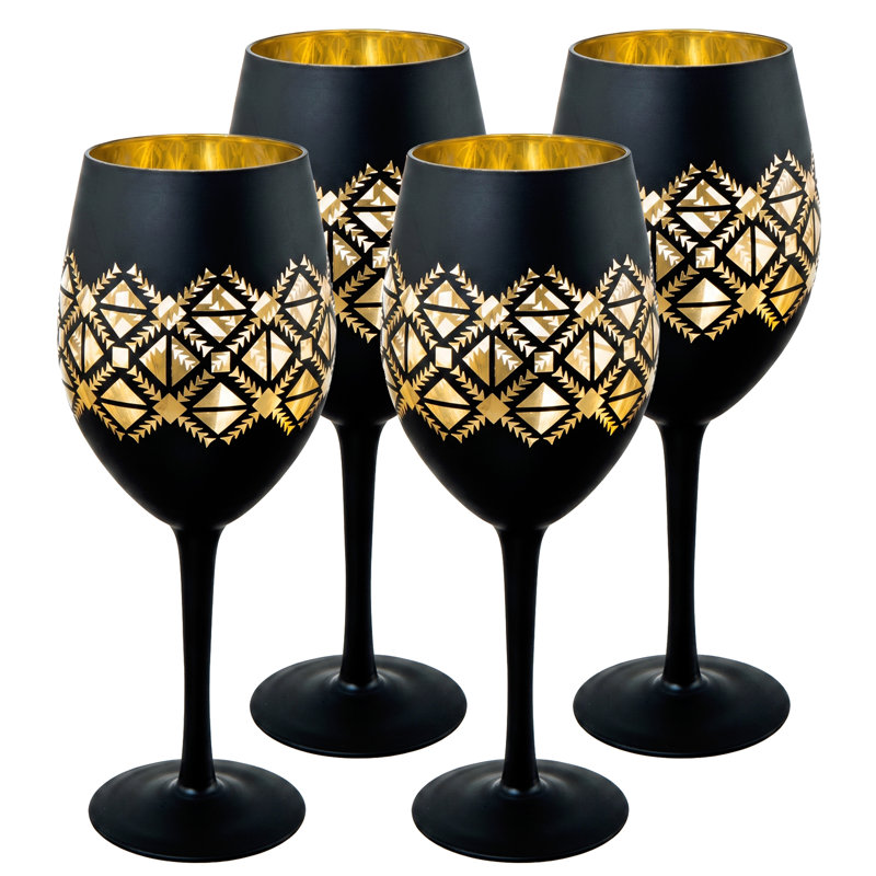 4-Piece 14-Oz Black Gold Drinking Wine Glasses