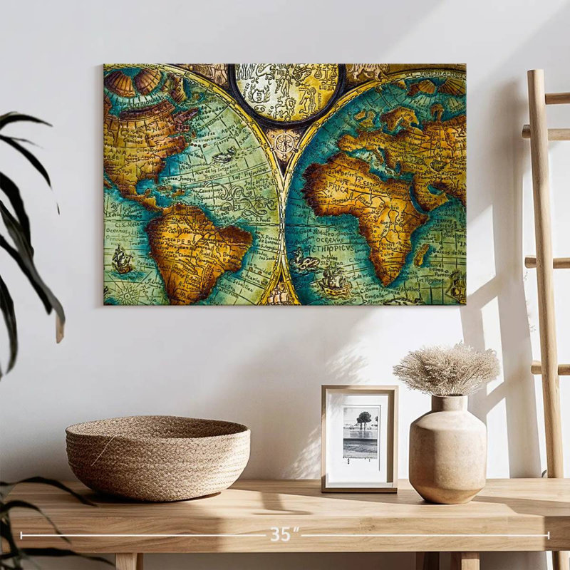 Carte du vieux monde sur toile, H 16 po x l 24 po x P 1,25 po