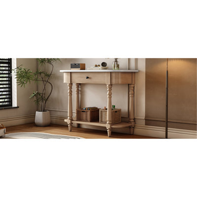 Console étroite avec coin incurvé, table de hall d'entrée rétro avec tiroir supérieur et tablette ouverte, tables de console de canapé pour le hall d'entrée, le couloir et le salon (beige et blanc)