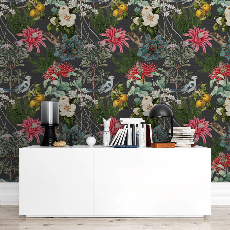 Papier peint oiseaux et fleurs botaniques foncés, l 24 po x L 100 po