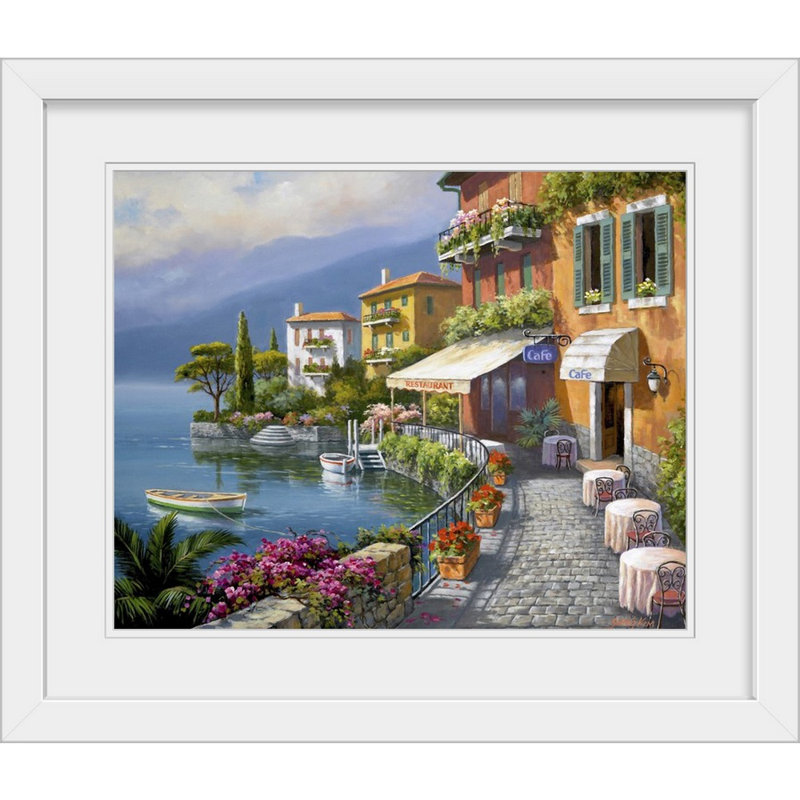 « Seaside Bistro Cafe » par Sung Kim, reproduction d'art, H 24 po x l 28 po x P 1 po, Cadre blanc