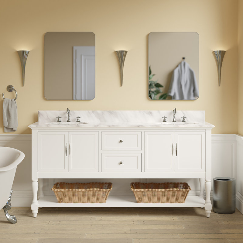 Hampton 72'' Double Bathroom Vanity with Top, White, Carrara Marble
