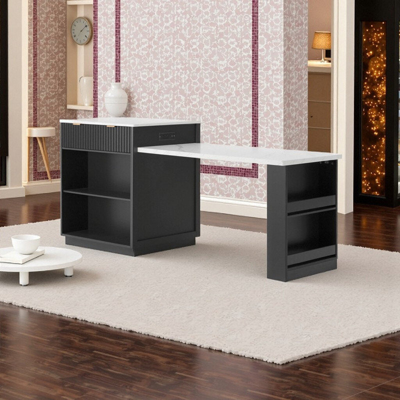 82.6" Extendable Kitchen Island Table With Power Outlet Double-Side Storage Faux Marble Top And Fluted Panel For 4-6 Seating