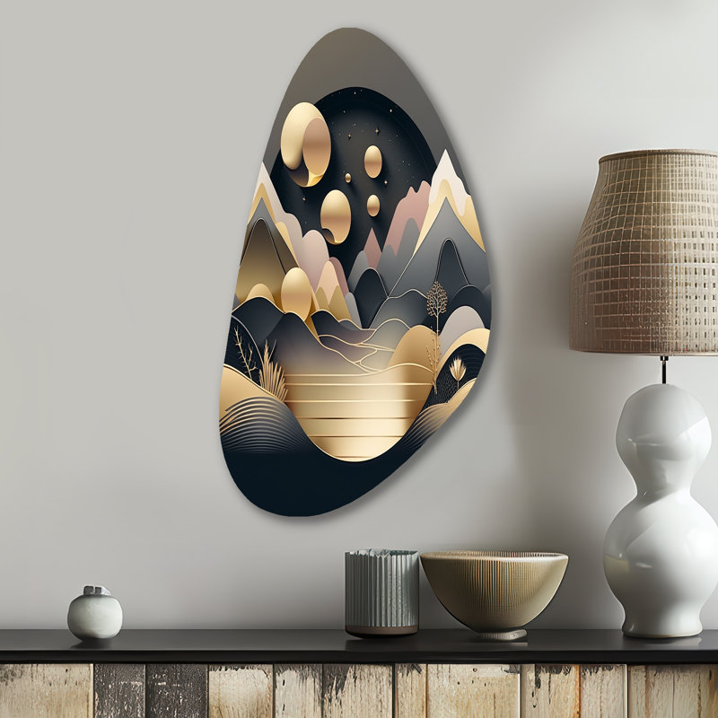 «Dreamy Golden Mountain II - Marble Unique Shape», reproduction d'art moderne en métal Freeform, H 31 po x l 17 po x P 1 po
