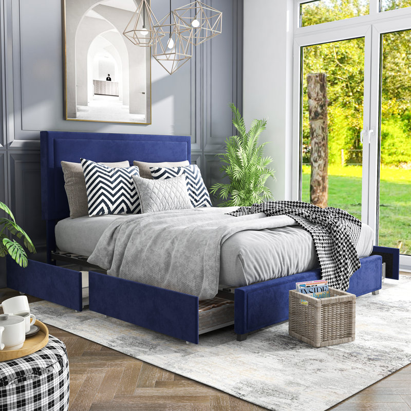 Lit plateforme tapissier avec rangement, Double, Bleu marine