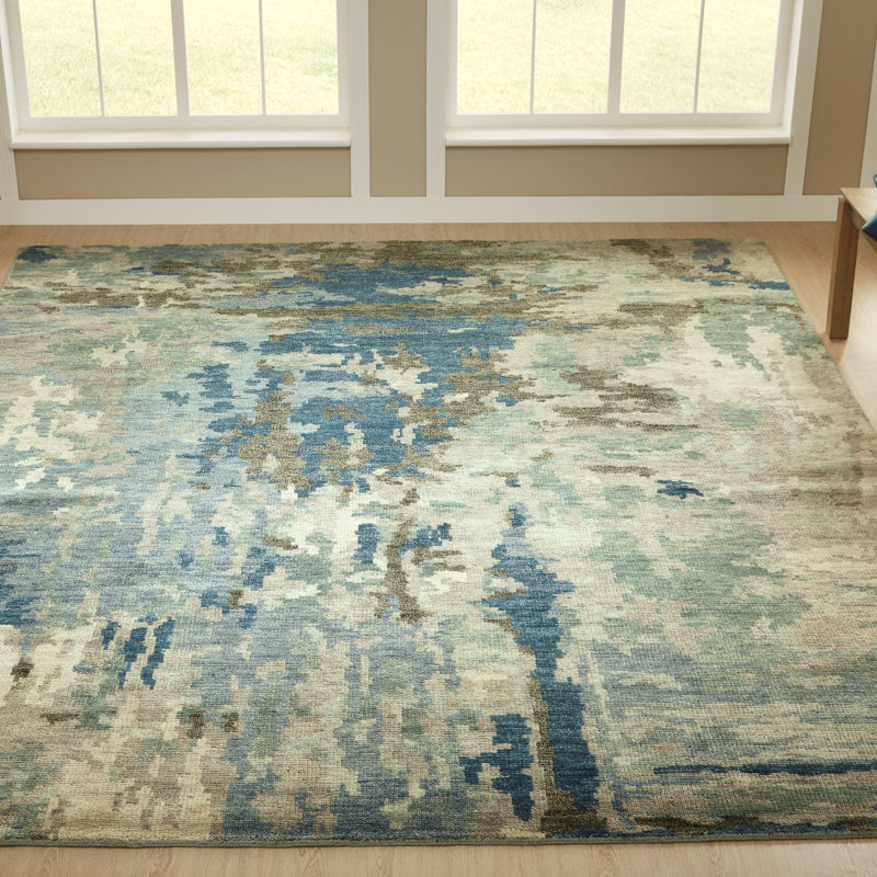 Tapis bleu en laine noué à la main Channon, Tapis de couloir beige
