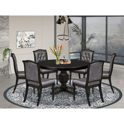 Cet ensemble de salle à manger 7 pièces comprend une table de salle à manger et 6 chaises en tissu de polyester gris foncé de style Mid-Century avec dossier capitonné - Noir sablé