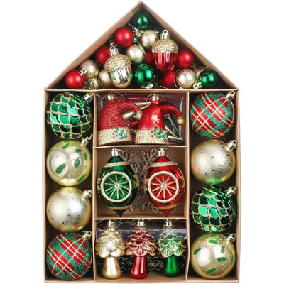  Ornements pour arbres de Noël, décorations d'arbre de Noël incassable rouge vert et or 70 carats, boules à suspendre de style campagnard traditionnel en vrac pour Noël
