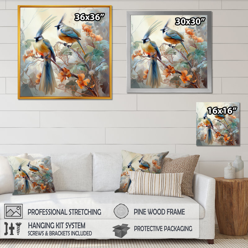 Birds Of Paradise Charm In Winter II sur impression sur toile, Cadre simple noir, H 36 po x l 36 po x P 1,5 po