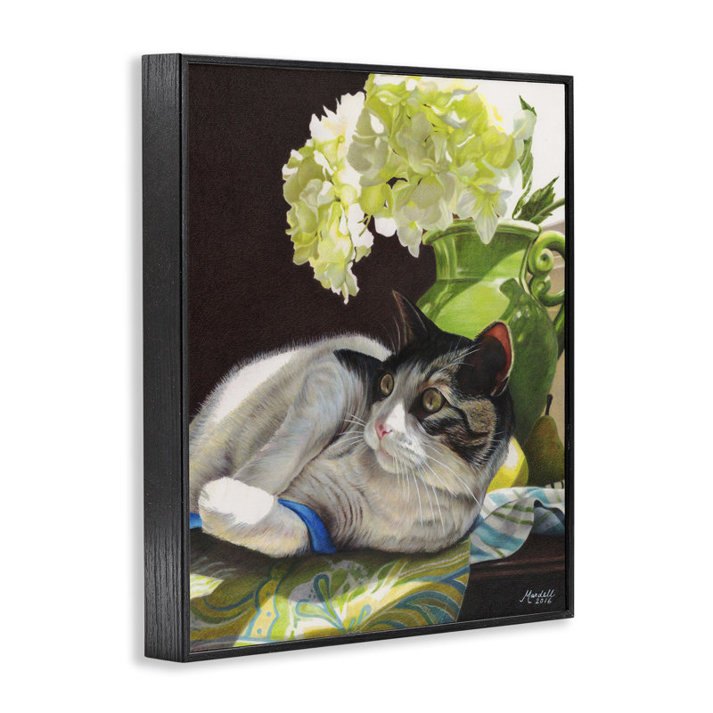 Chat et ruban bleu par Mardell Schuster, Giclée encadrée noir minuit, H 14 po x l 11 po