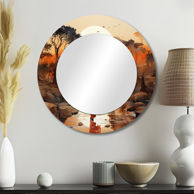 African Journey - African Art Mirror, Orange Round Decorative Wall Mirror, Printed Metal Art