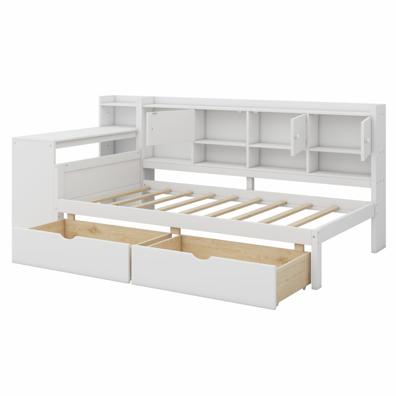 Lit de jour en L peu encombrant, armoires de rangement, tiroirs de rangement sous le lit, bureau d'étude intégré, tablettes intégrées