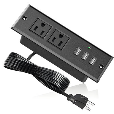 Multiprise encastrée dans le bureau, 2 prises de courant alternatif 3 ports USB-A, prise de courant encastrée encastrée pour bureau, armoire, table de chevet, usage domestique et commercial