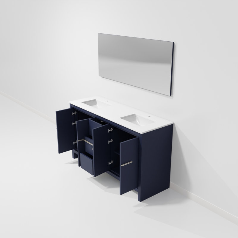 Meuble-lavabo double bleu marine l 60 po x P 20 po, plateau en marbre de culture et miroir 55 po