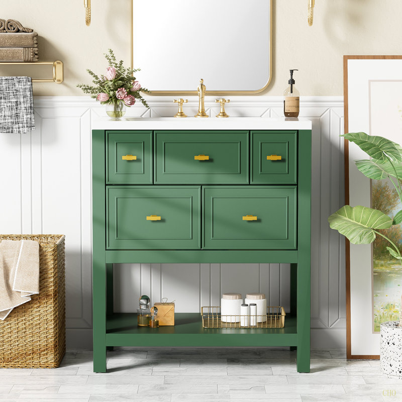 Ensemble de meuble-lavabo simple 30 po avec 5 tiroirs, ensemble de meuble-lavabo autoportant avec cadre en bois massif 30 po